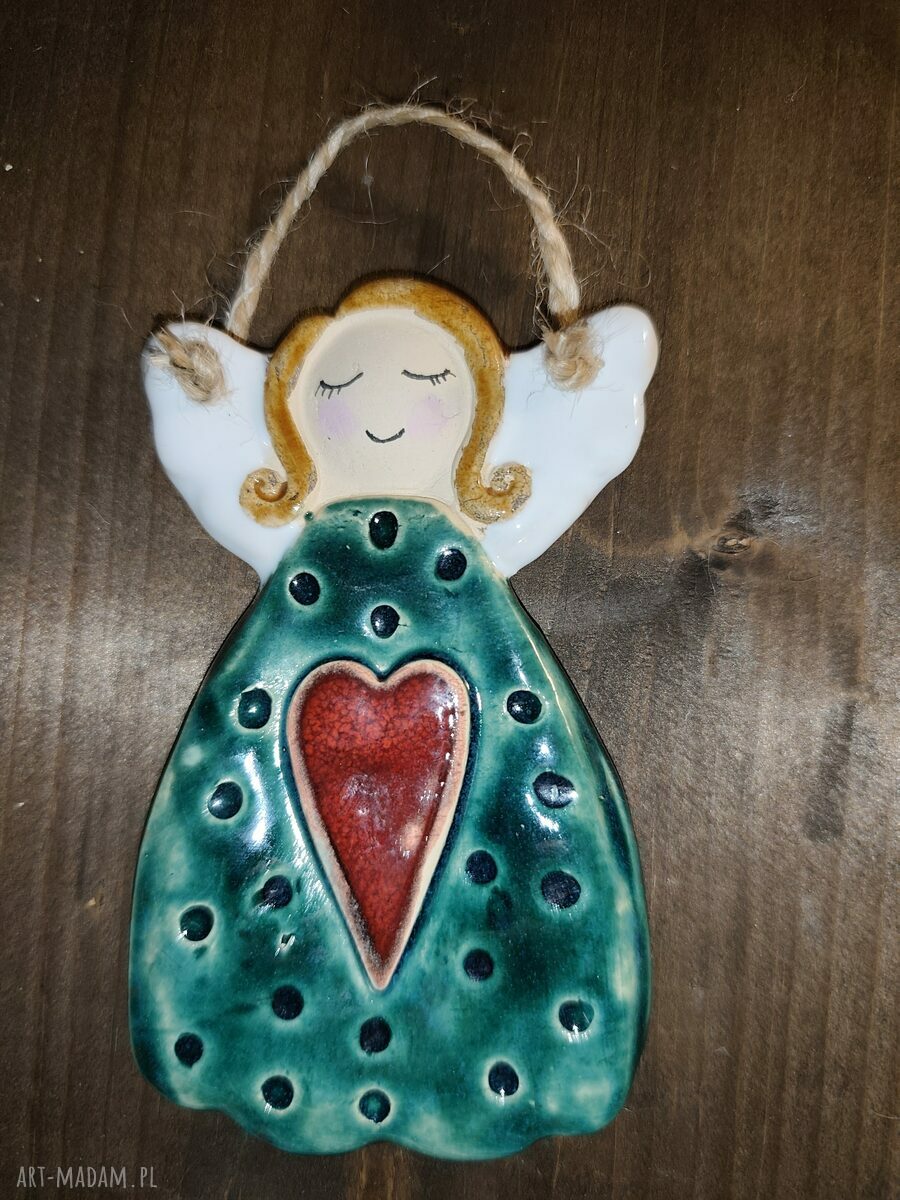 Aniołek ceramiczny turkusowo-zielony - urocza ozdoba i prezent handmade