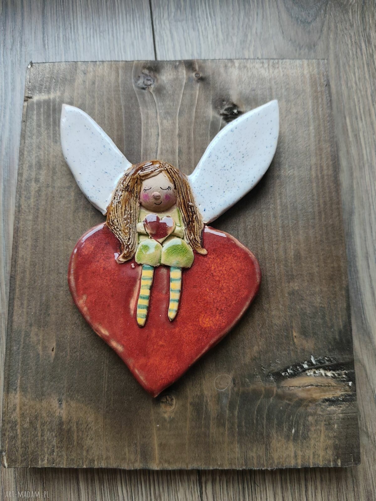 Aniołek ceramiczny na desce - pamiątka na chrzest i komunię