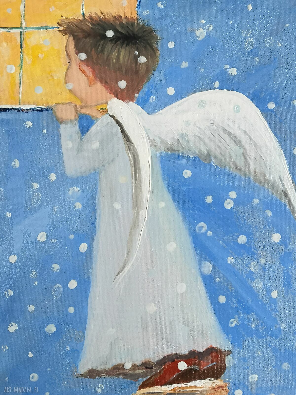 Aniołek Chłopczyk - ręcznie malowany obraz olejny 24x30 cm