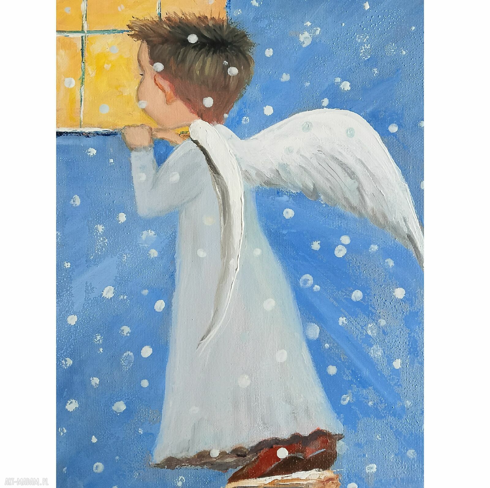 Aniołek Chłopczyk - ręcznie malowany obraz olejny 24x30 cm