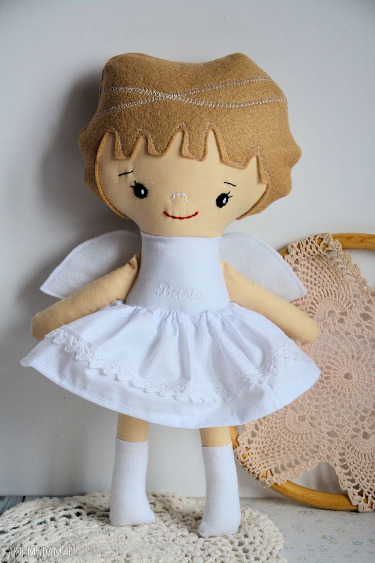 Aniołek dla Basi - lalka handmade 35 cm na chrzest i komunię