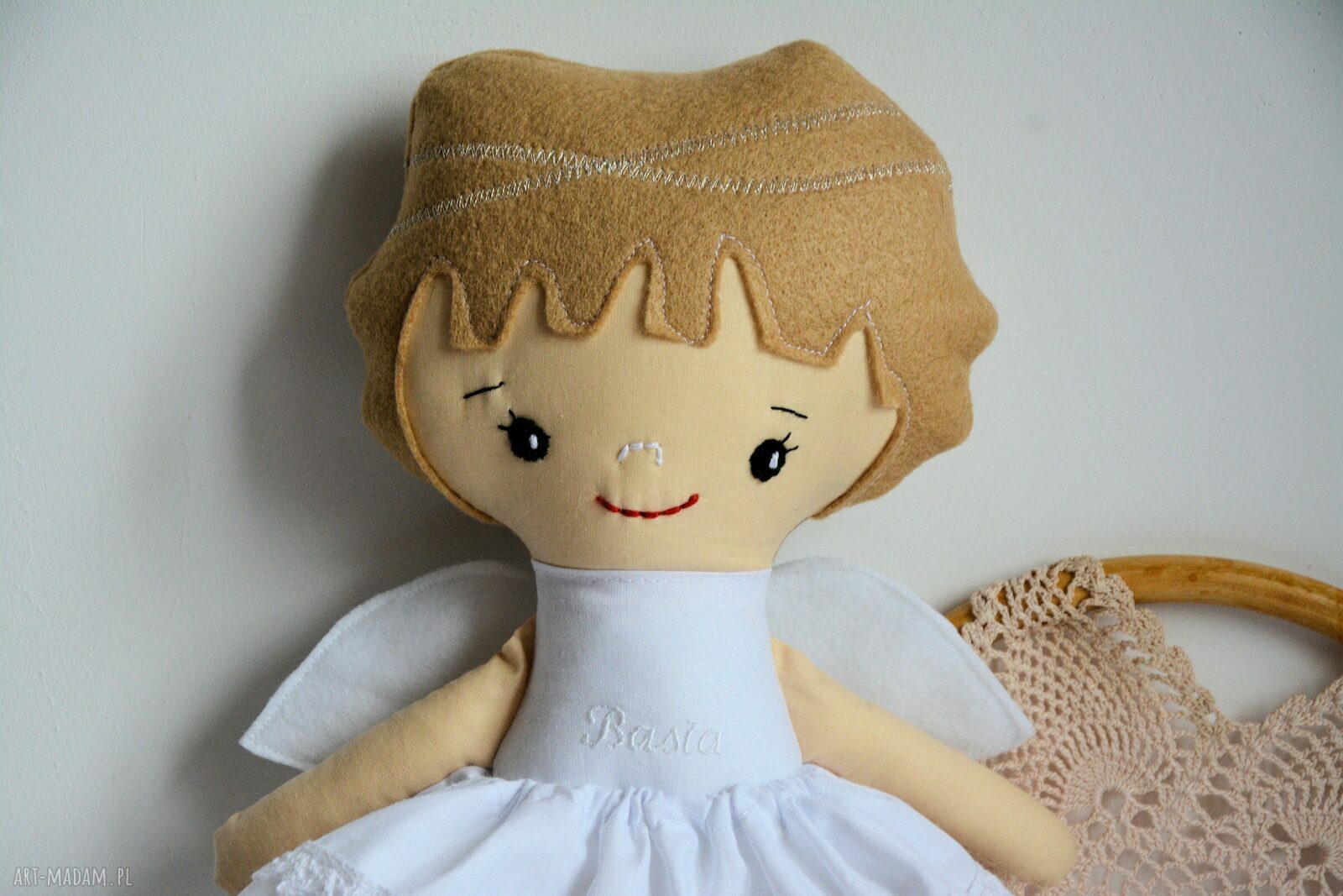 Aniołek dla Basi - lalka handmade 35 cm na chrzest i komunię