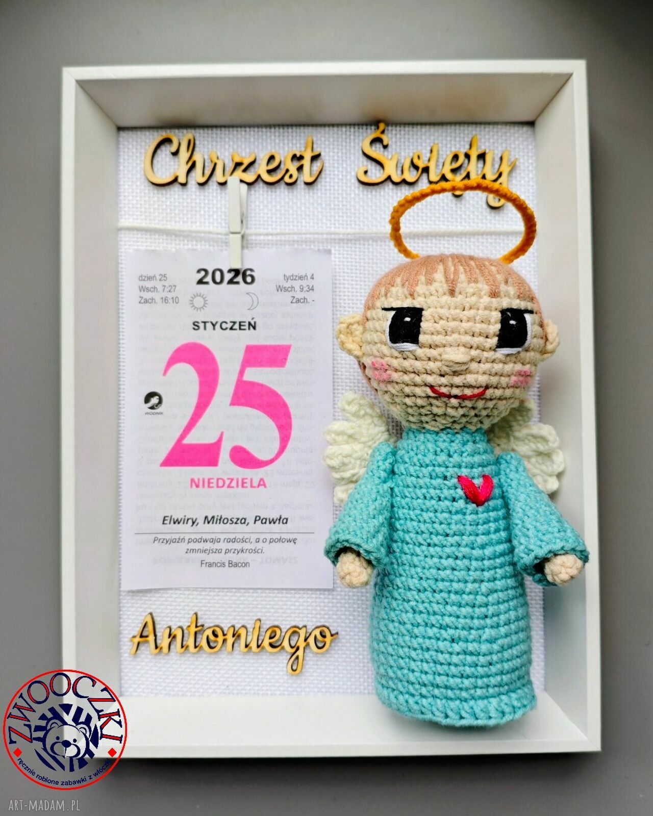 Pamiątka chrztu - ramka metryczka z aniołkiem handmade