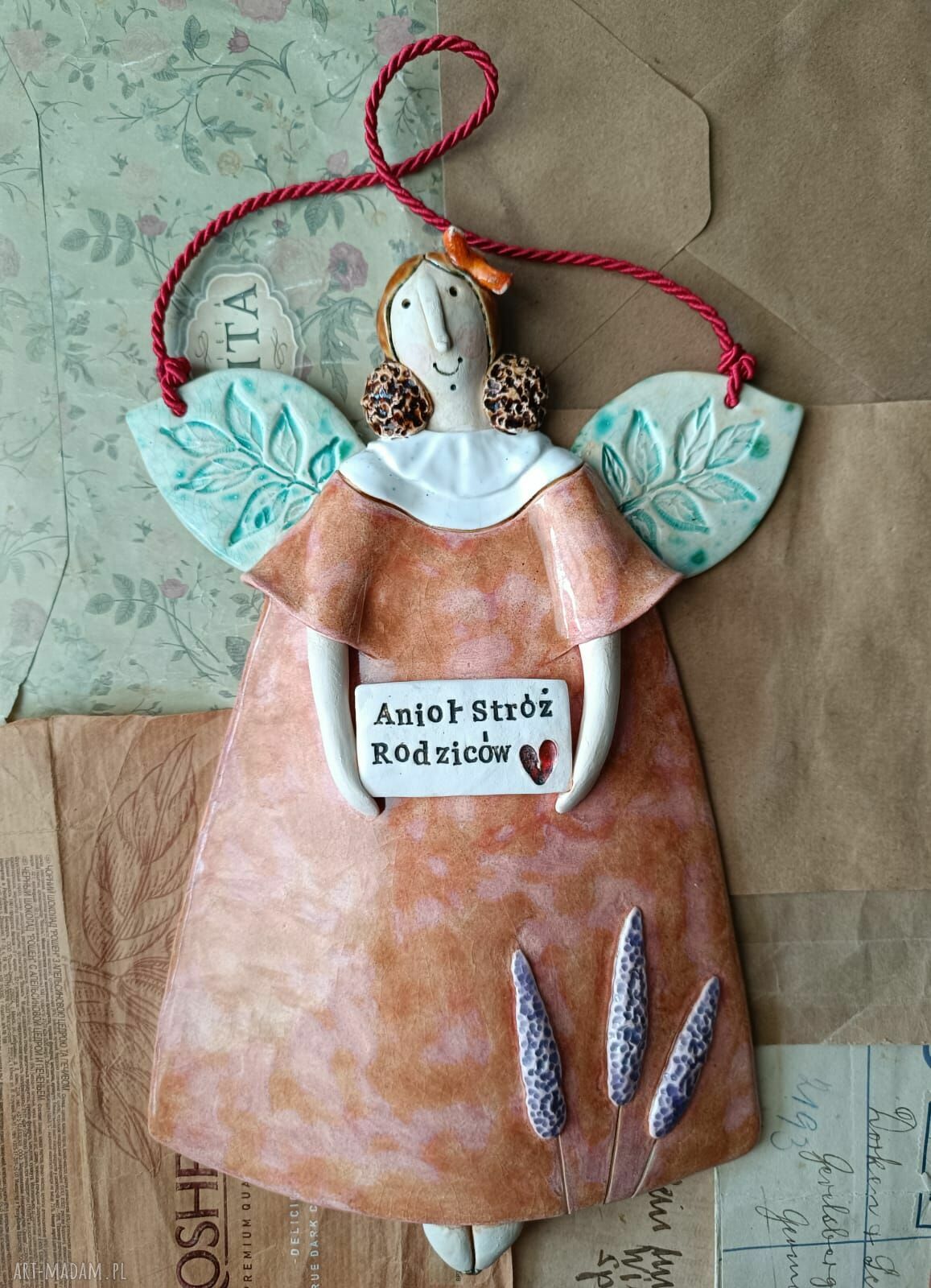 Aniołek lawendowy dla rodziców - ceramiczna ozdoba serca miłości