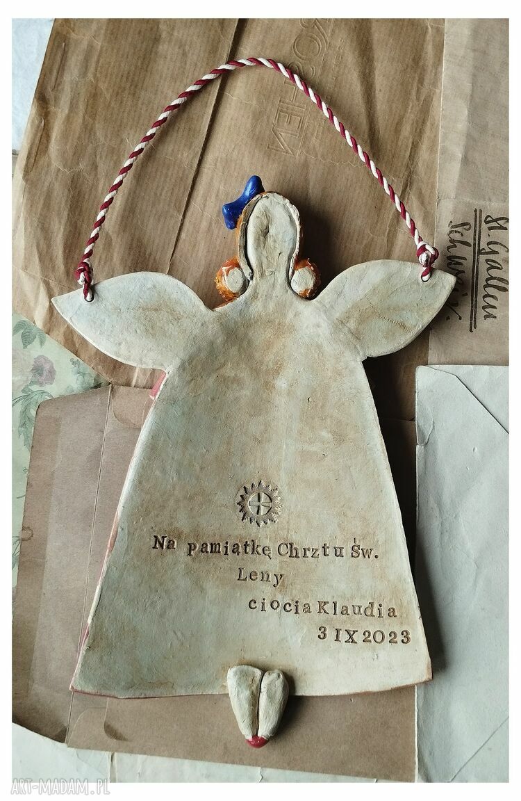 Aniołek na Chrzest Święty dla dziewczynki - ceramiczna pamiątka handmade