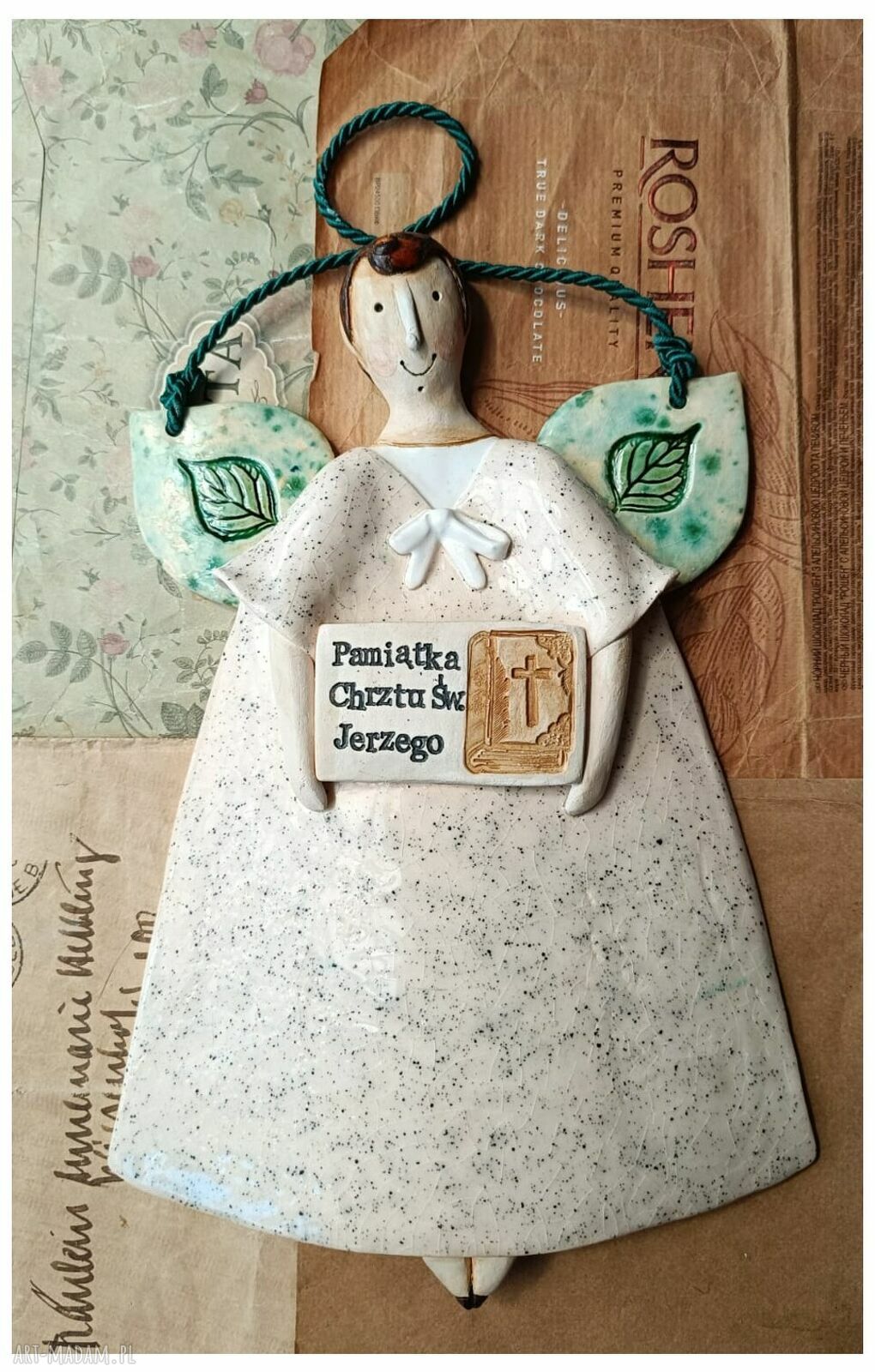 Ceramiczny aniołek na chrzest chłopca z imieniem dziecka