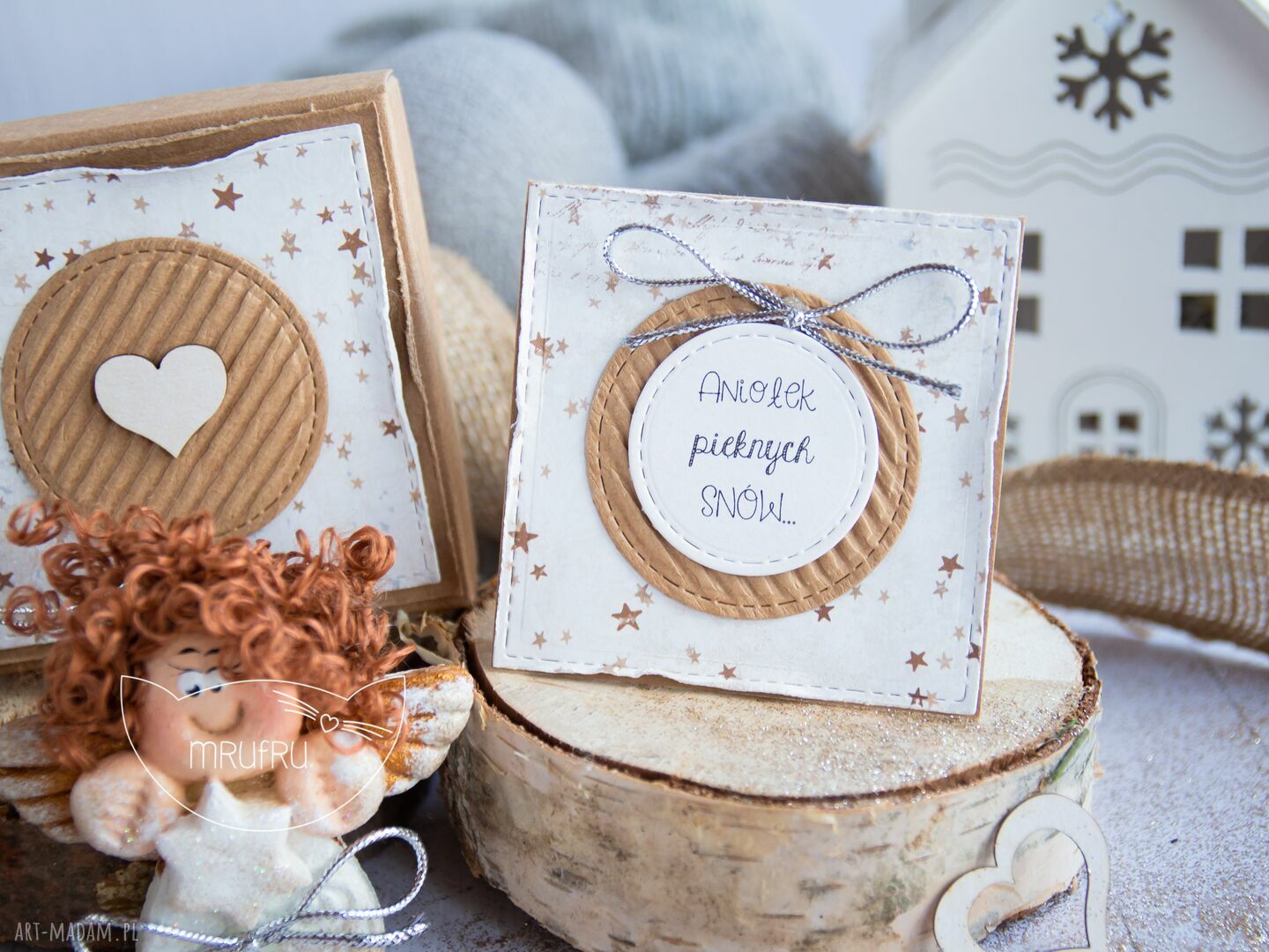 scrapbooking kartki: Aniołek pięknych SNÓW. Personalizowana mini kartka, pudełeczko. Ręcznie