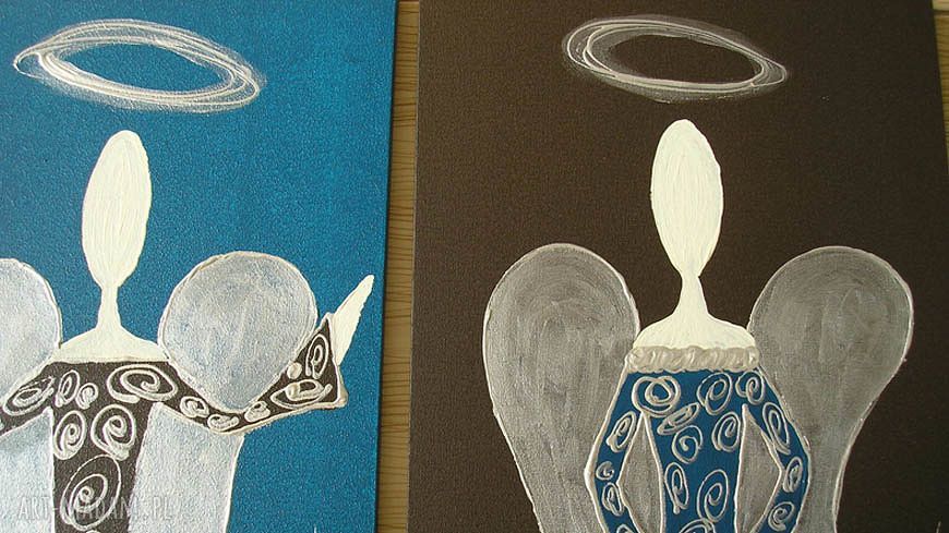 ANIOŁY SZCZĘŚCIA i DOBROBYTU - obraz turkusowy 90x60 cm (ręcznie malowany)
