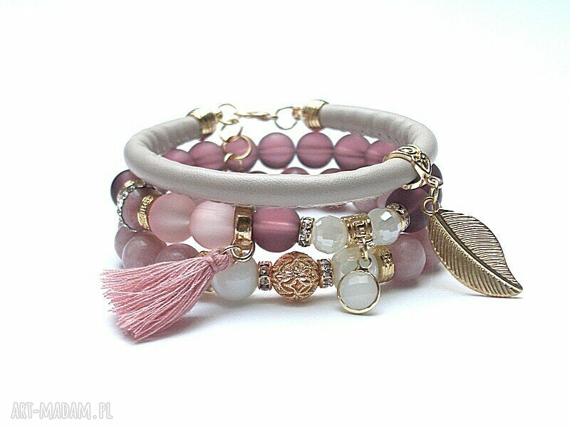 Antique pink BOHO bransoletki jadeit i rodonit z cyrkoniami