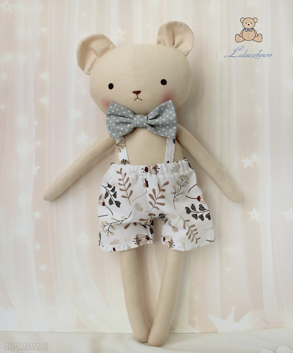 Miś Antoś - przytulanka handmade 39 cm w białych spodenkach w leśne wzorki