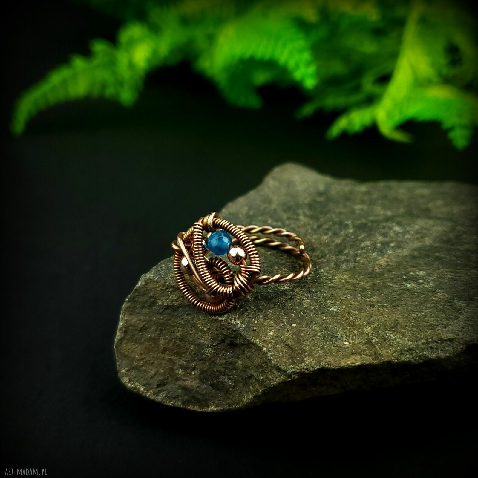 Apatyt regulowany pierścionek z miedzi - rękodzieło wire wrapping