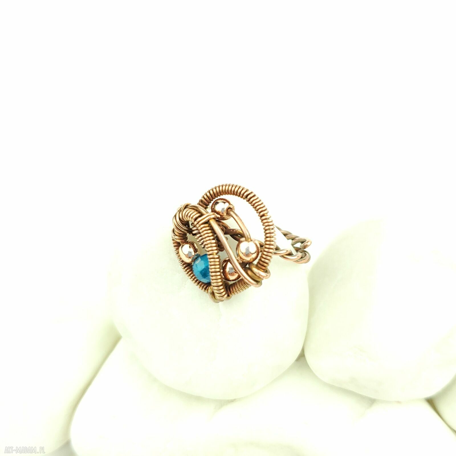 Apatyt regulowany pierścionek z miedzi - rękodzieło wire wrapping