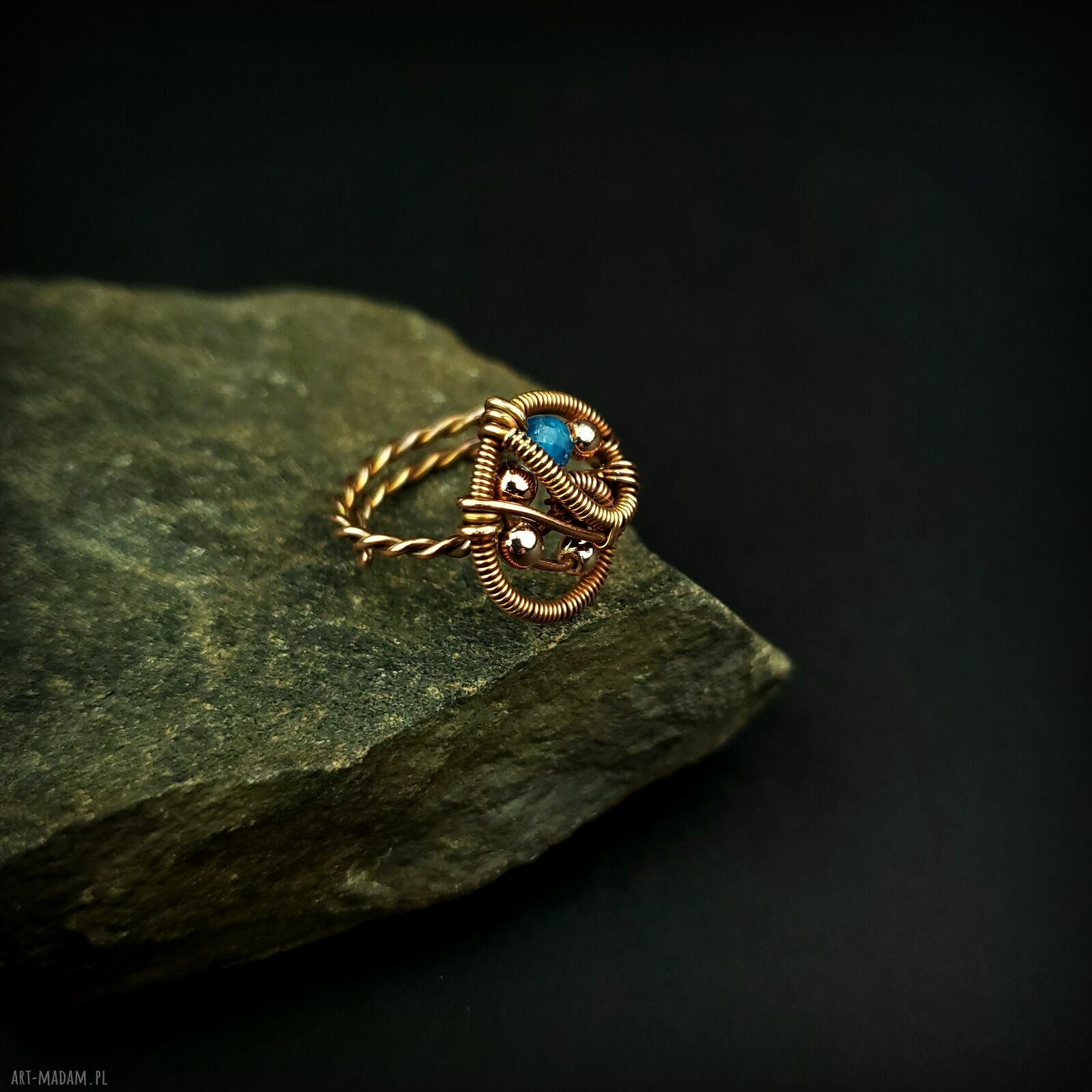 Apatyt regulowany pierścionek z miedzi - rękodzieło wire wrapping