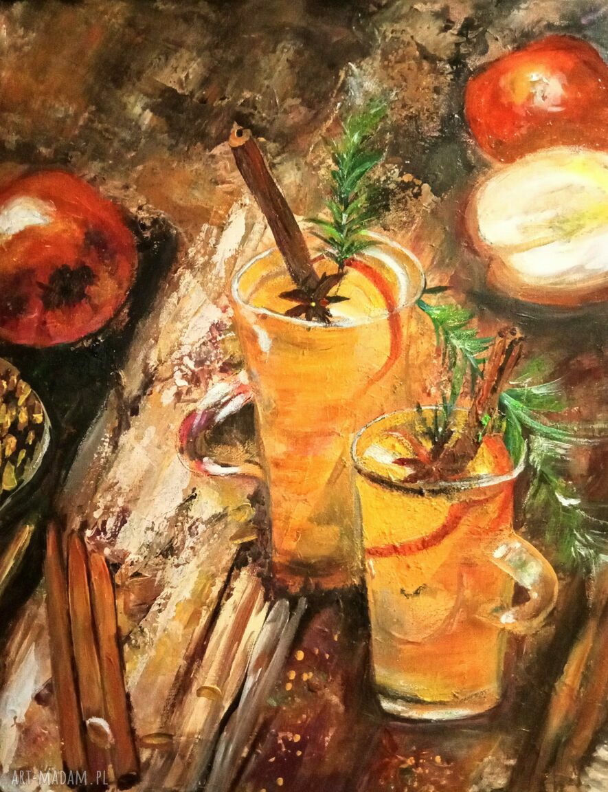 Apple drink - obraz martwa natura olejny z akrylem na płótnie (40x50 cm)