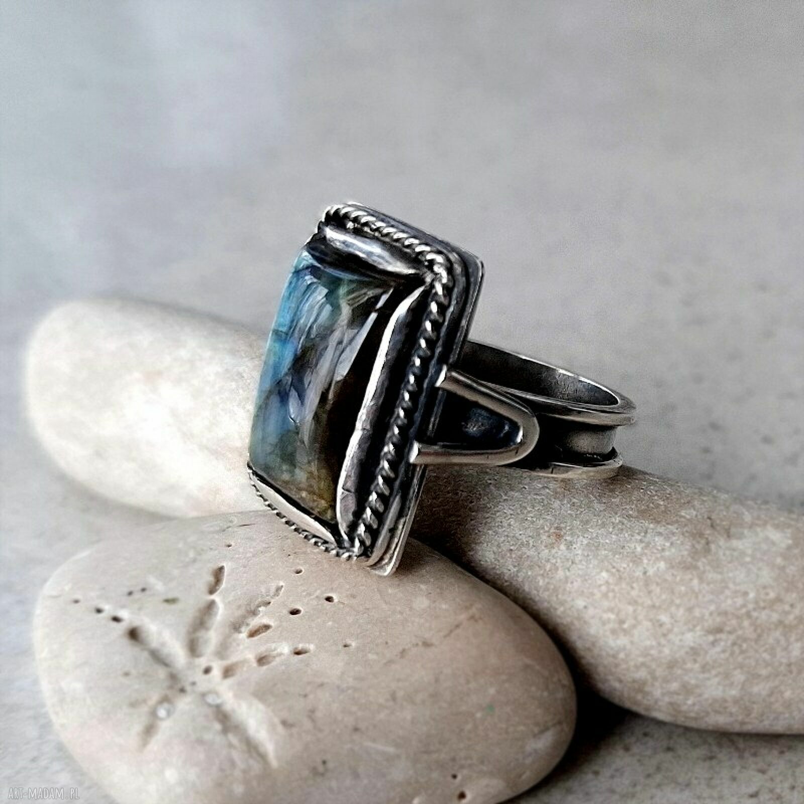 pierścionki: Aqua srebrny pierścionek z labradorytem ręcznie robione