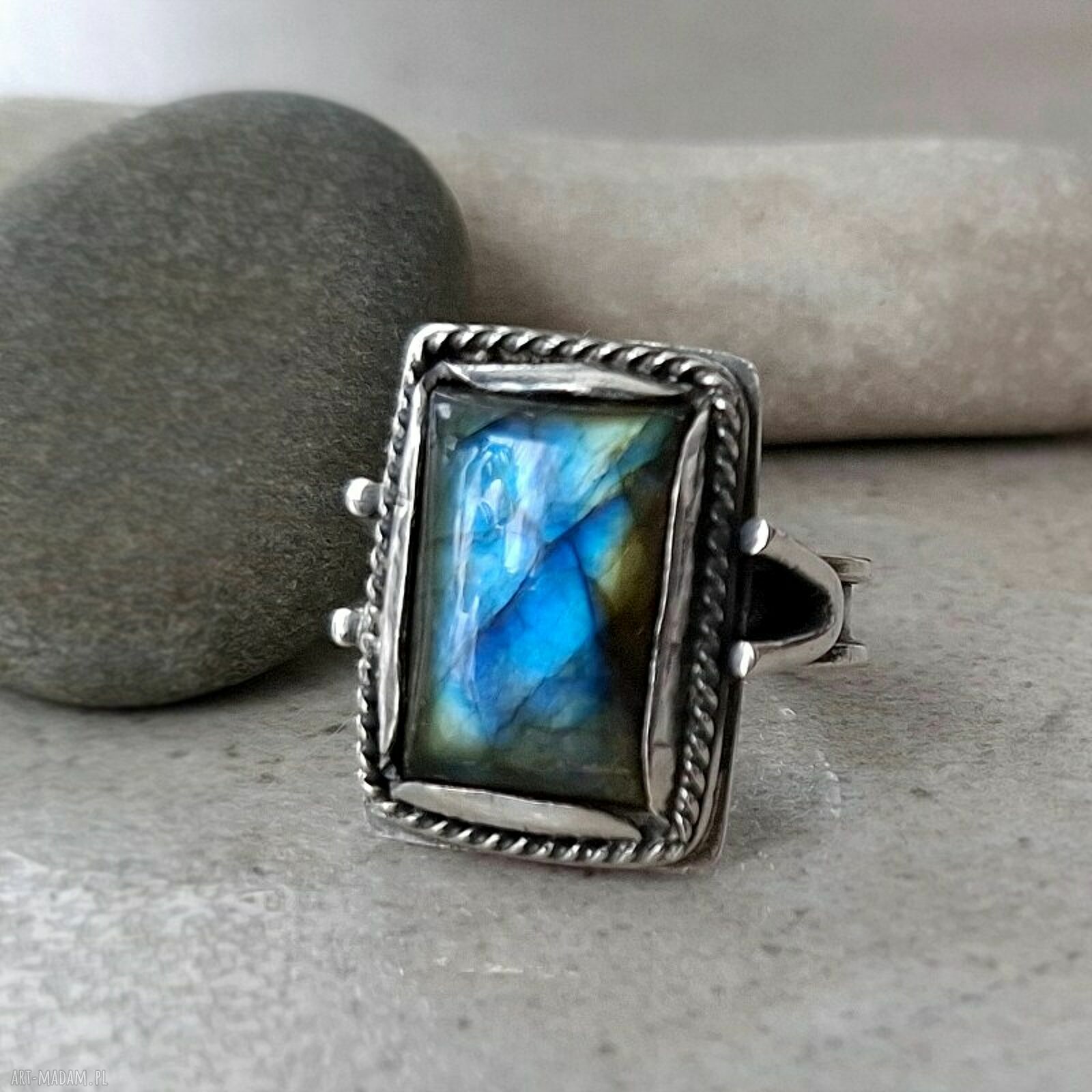 Aqua srebrny pierścionek labradorytem pierścień labradoryt