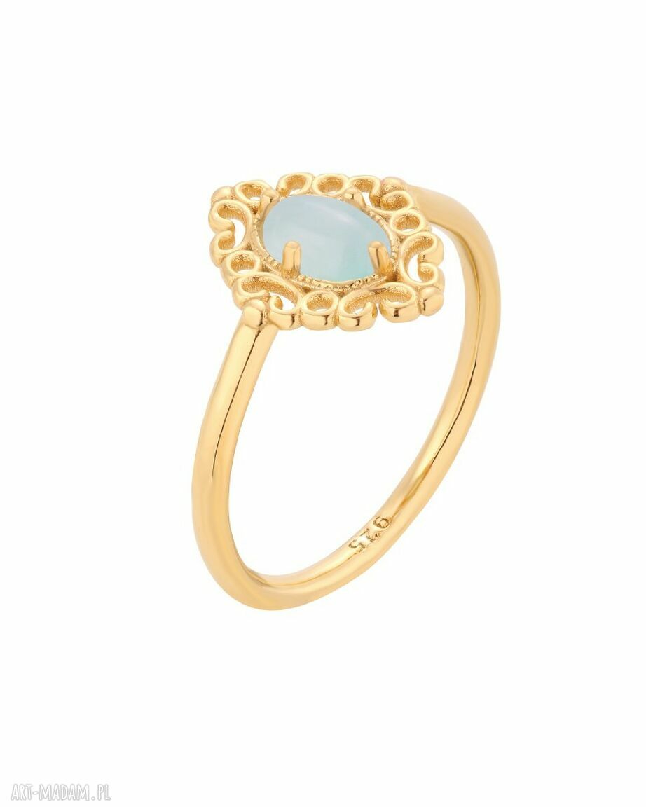 Złoty pierścionek agatem niebieski aqua agat względu ogromne