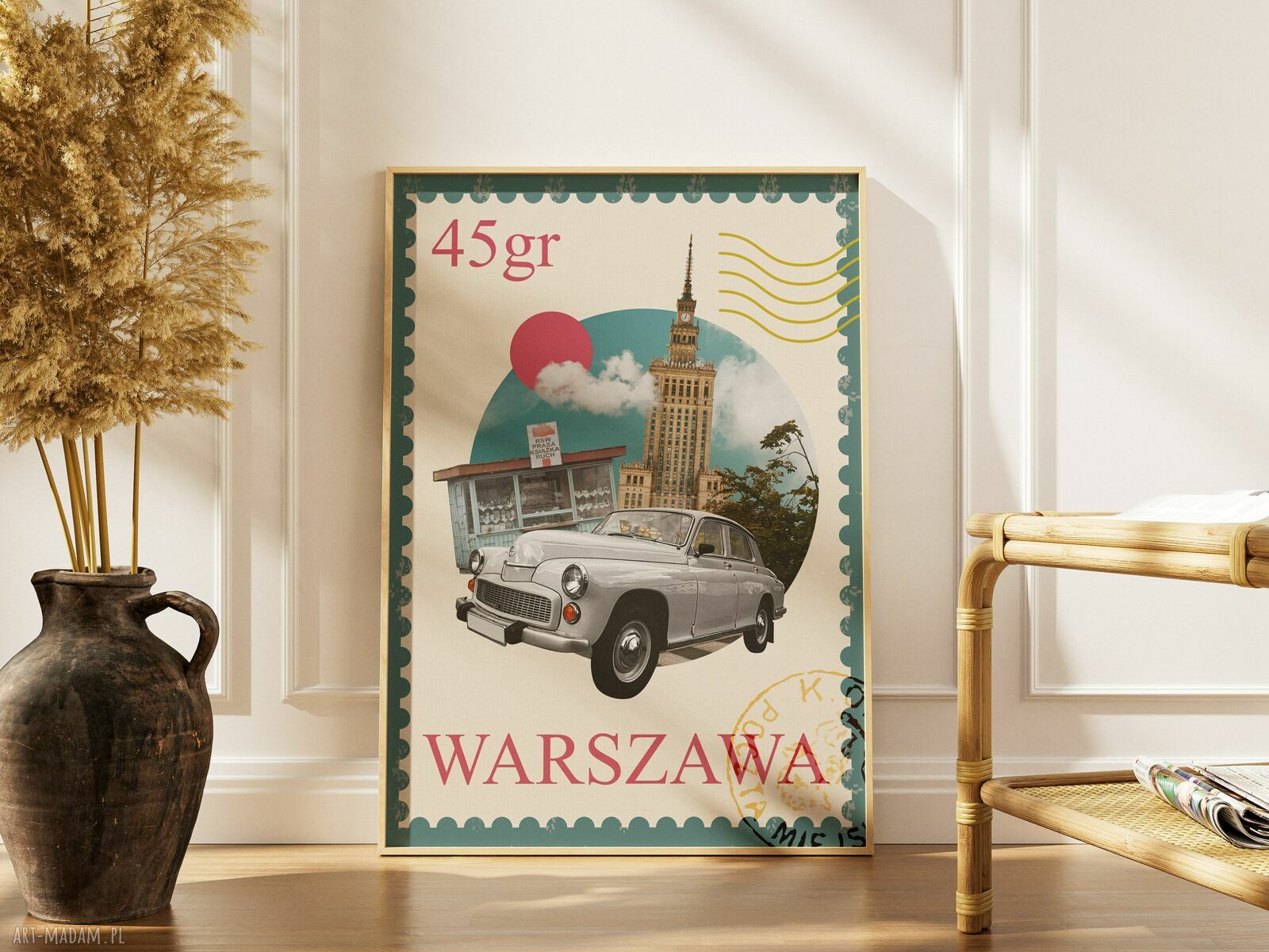 Plakat „U nas w Warszawie” 50x70 cm - kolaż PRL z Pałacem Kultury i Nauki