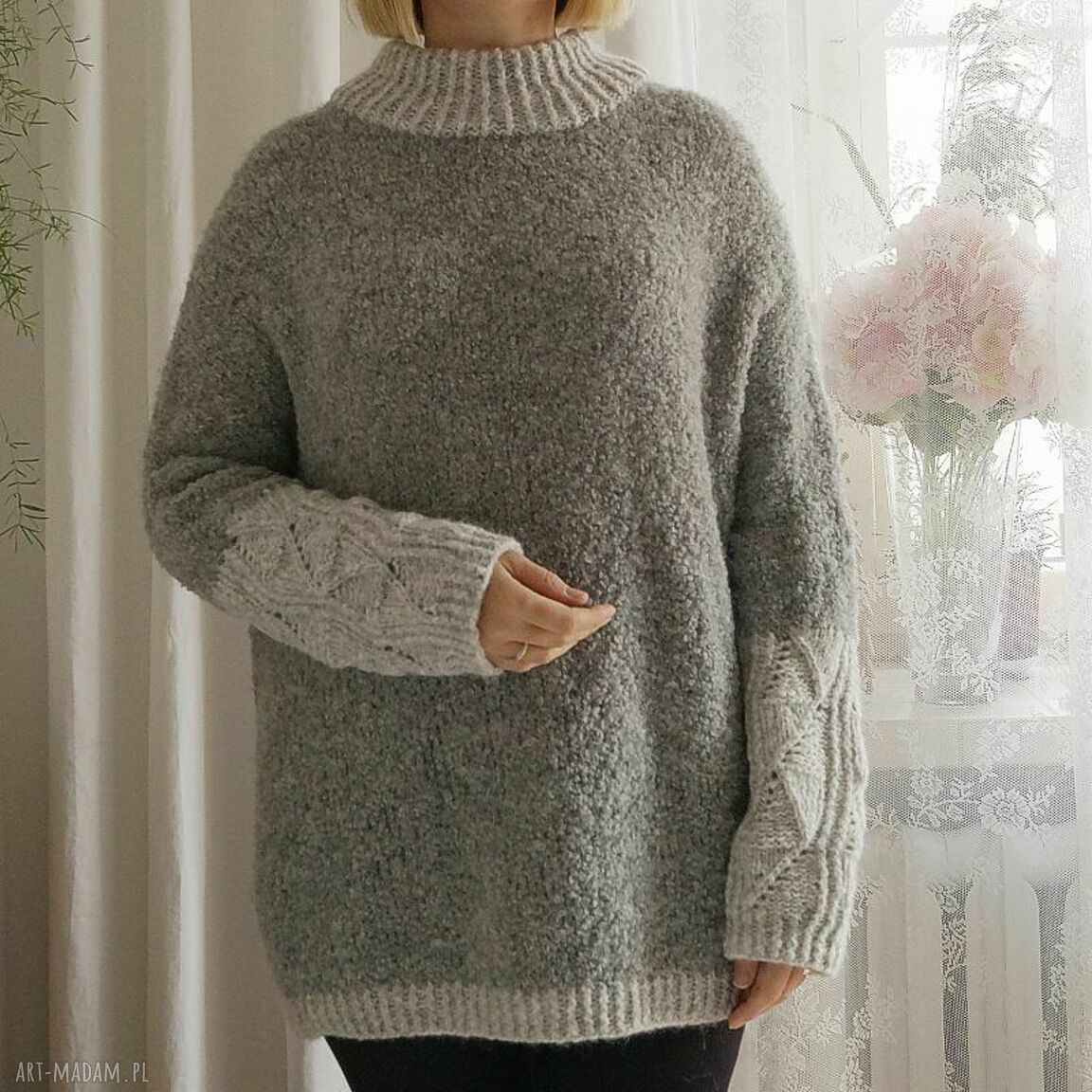 Sweter ARDI - tunika boucle z alpaki na drutach, półgolf, szary