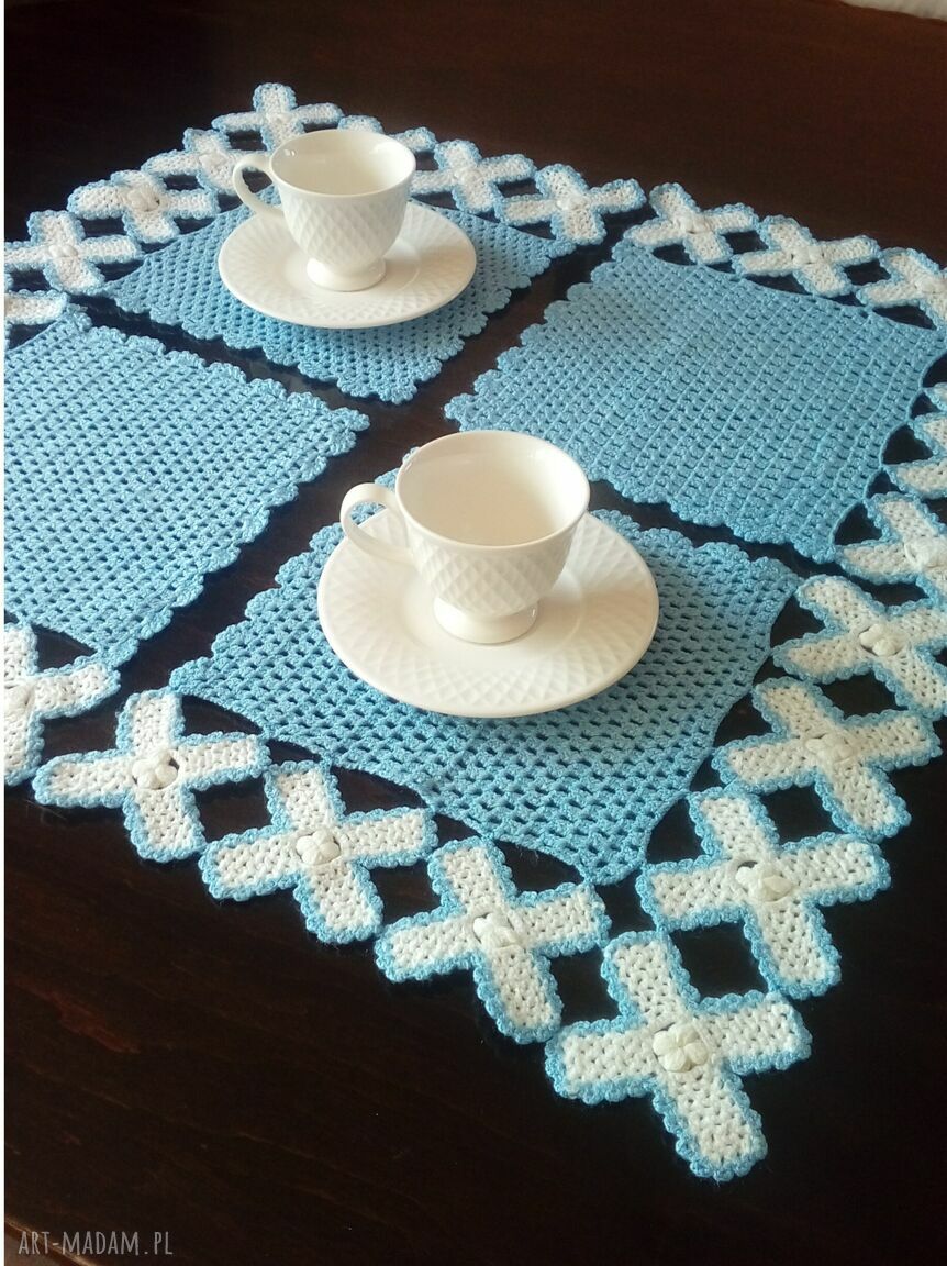 Niebiesko-białe podkładki na stół handmade - komplet 4 szt. 25 x 25 cm