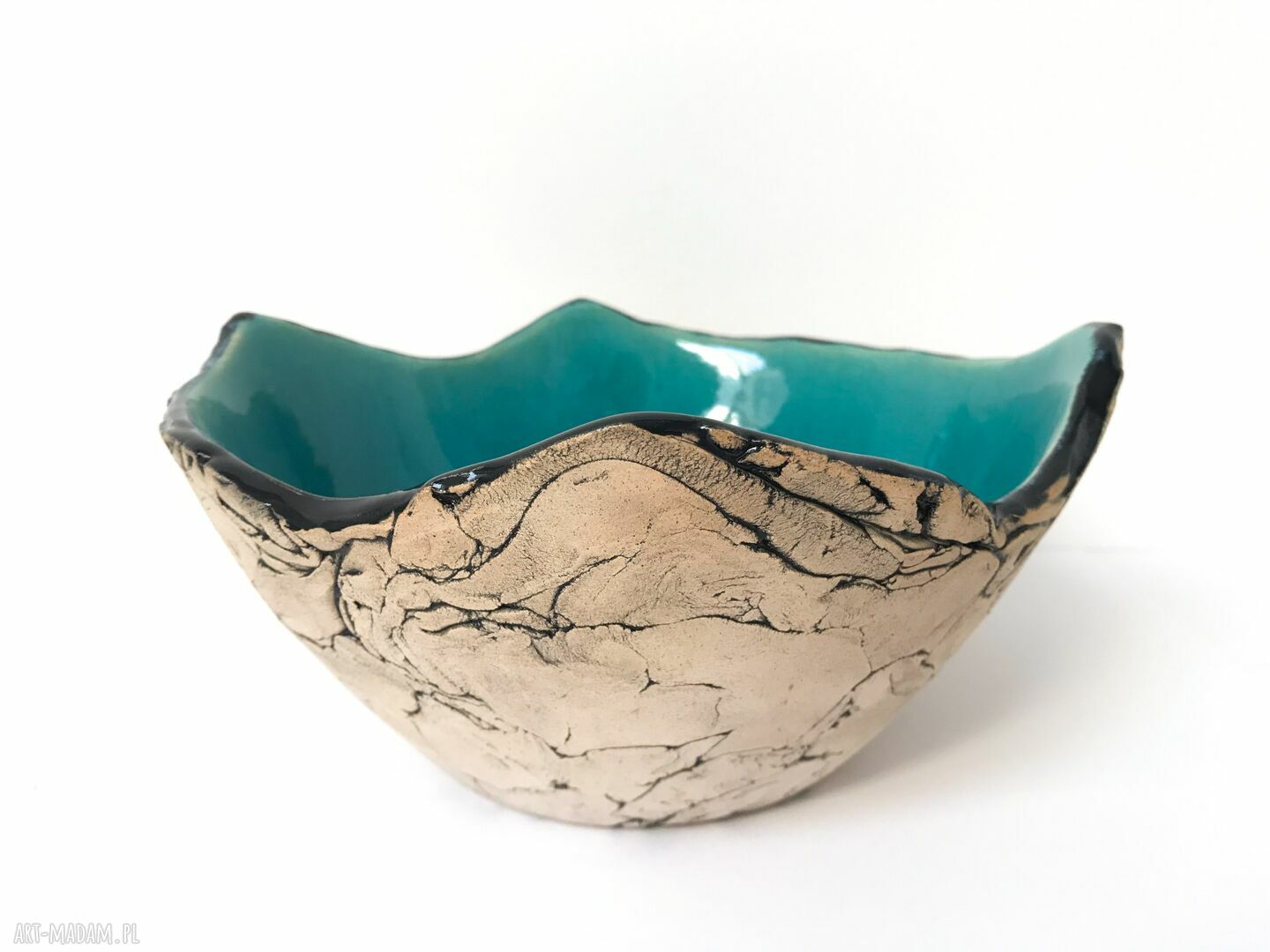 Miska ceramiczna handmade „jak skała” z turkusowym szkliwem