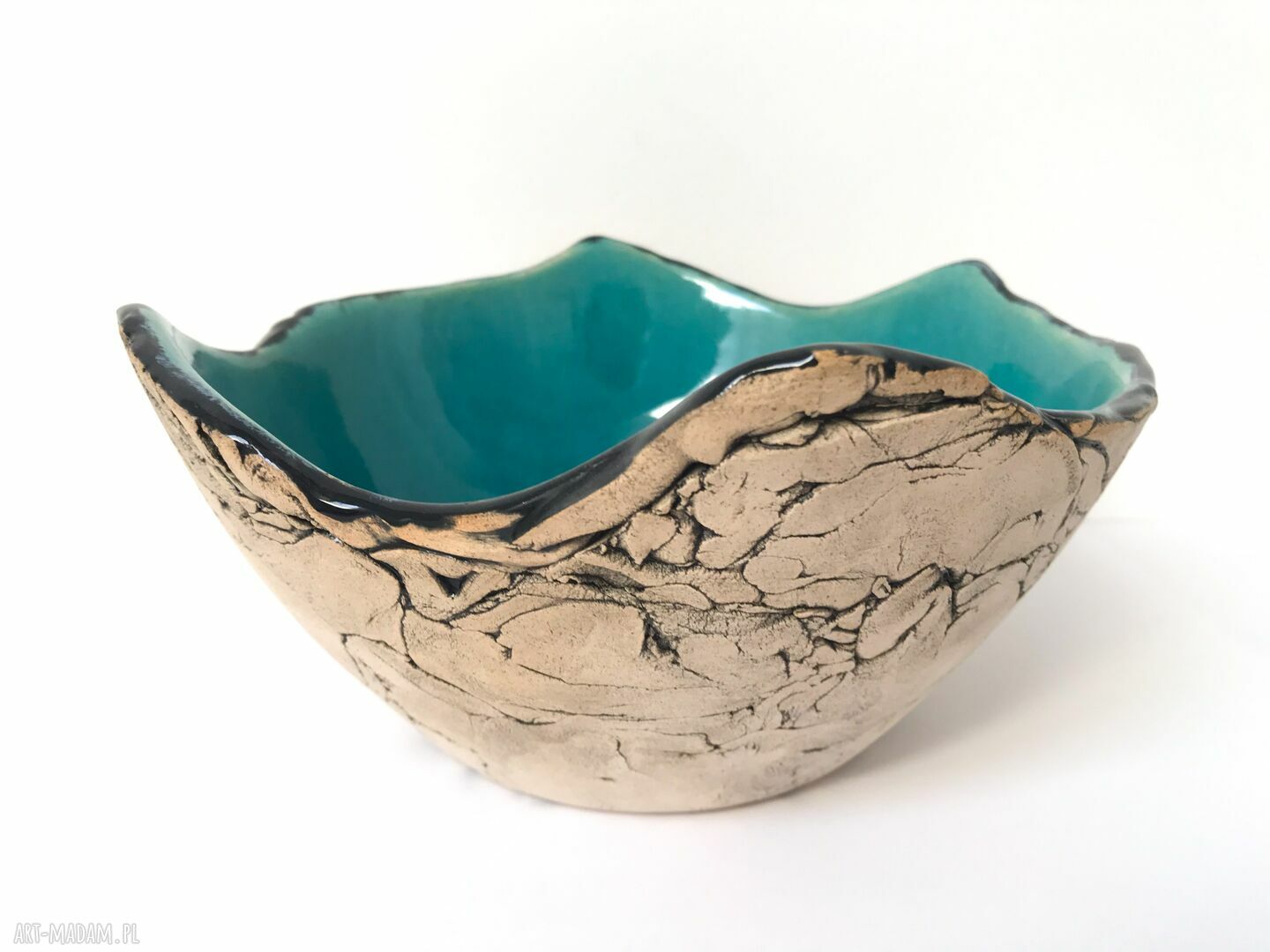 Miska ceramiczna handmade „jak skała” z turkusowym szkliwem
