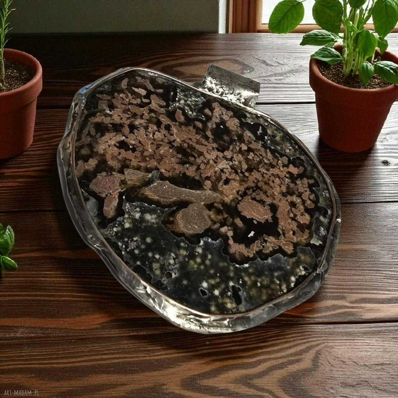 Artystyczny wisior z agatem druzy - miedziany, autorska biżuteria