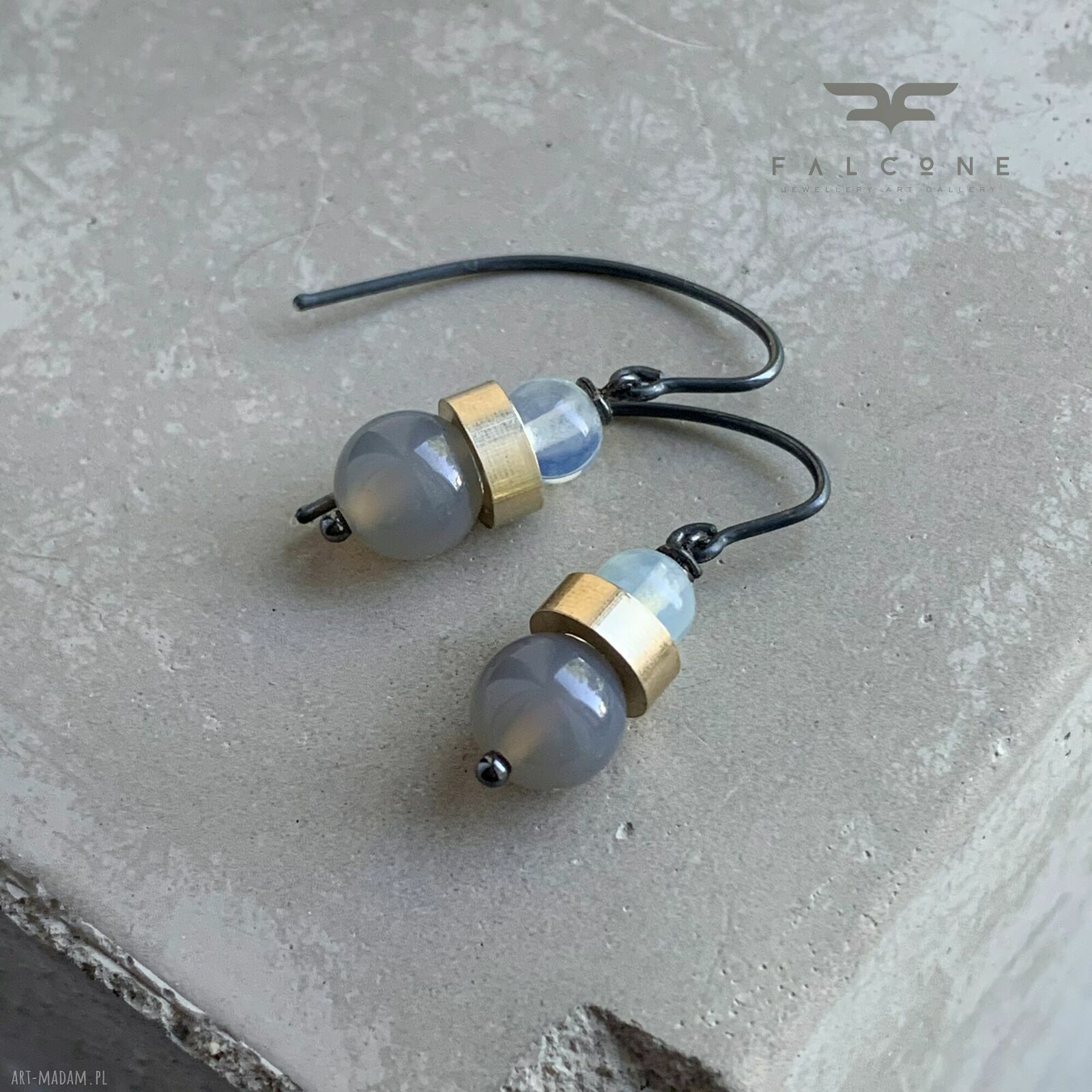 Kolczyki Ashy Agate & Misty Opalite - mosiądz, agat i opalit