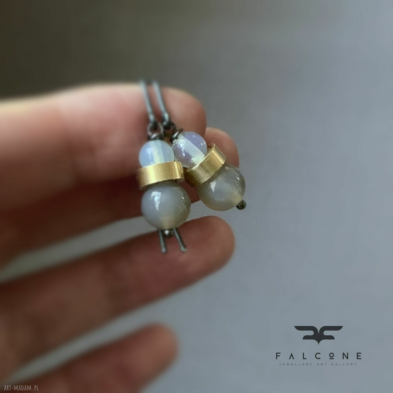Kolczyki Ashy Agate & Misty Opalite - mosiądz, agat i opalit