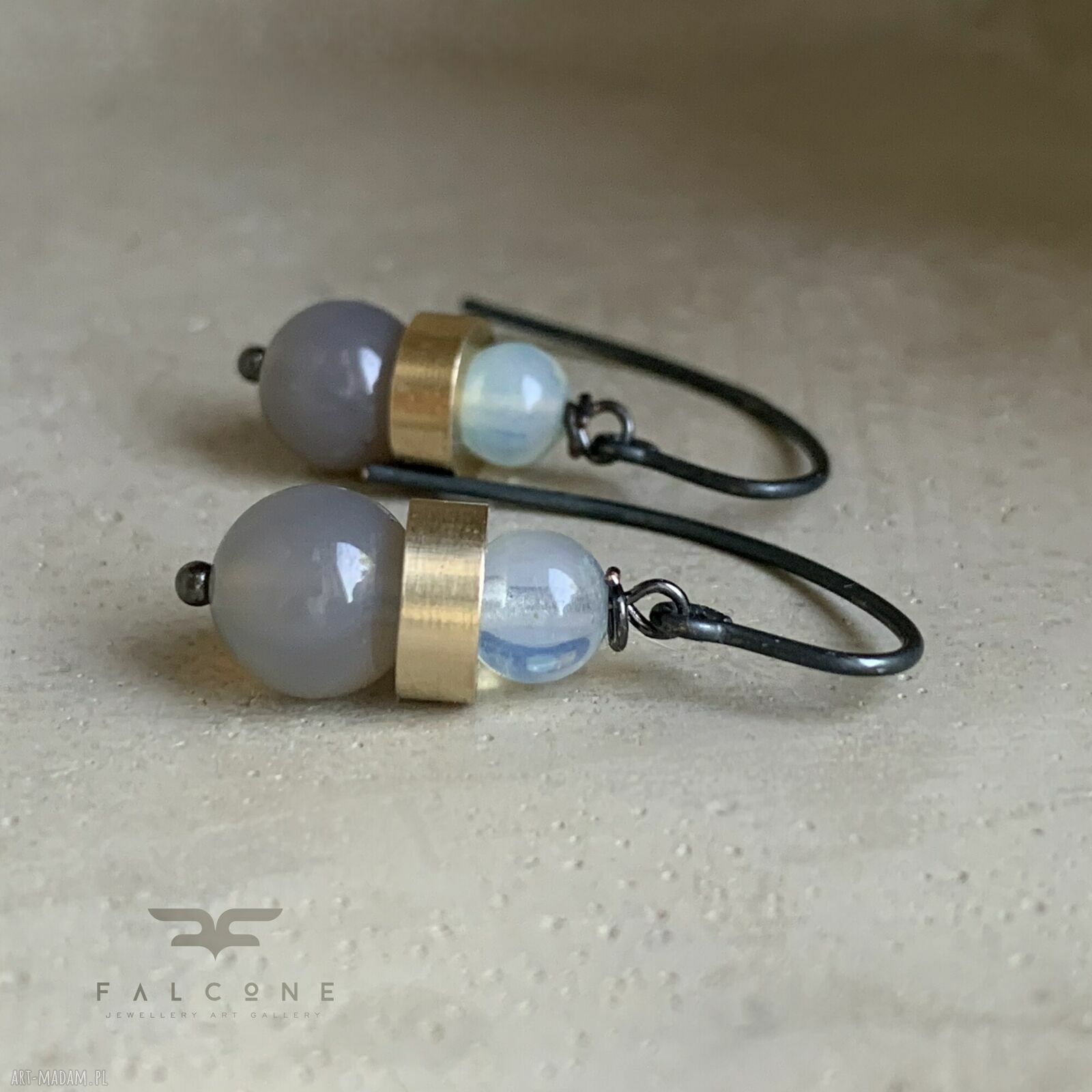 Kolczyki Ashy Agate & Misty Opalite - mosiądz, agat i opalit