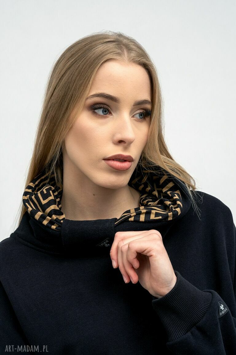 Czarna bluza asymetryczna Ravel z kominem i greckim wzorem