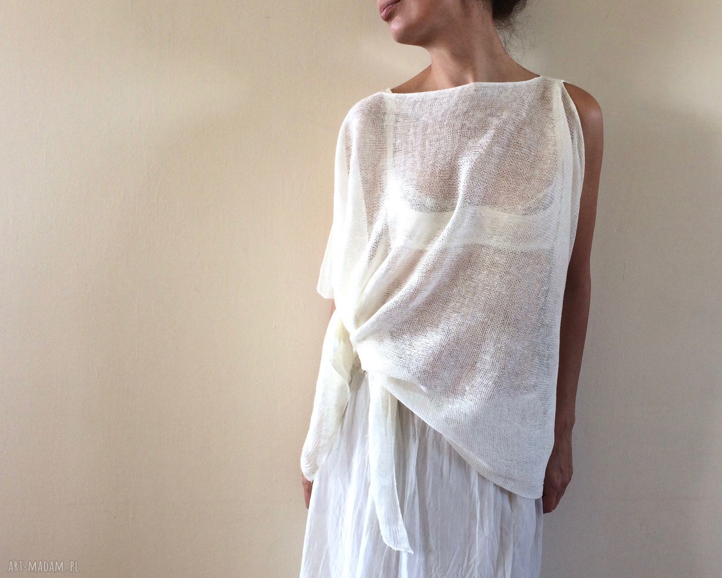 Asymetryczna tunika lniana 100% kremowa narzutka i ponczo (one size S/M/L)
