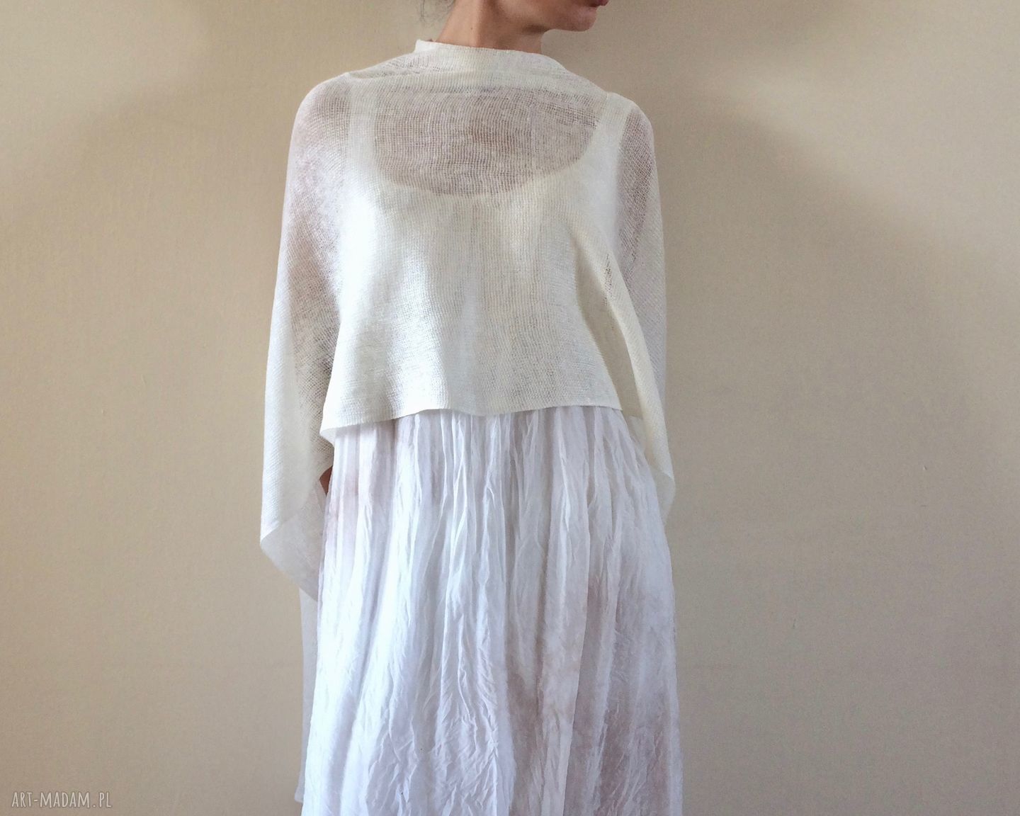 Asymetryczna tunika lniana 100% kremowa narzutka i ponczo (one size S/M/L)