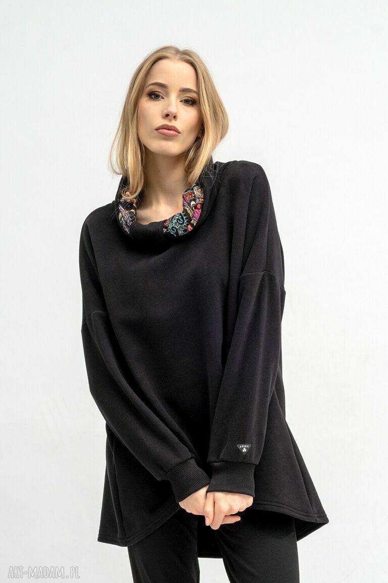 Bluza asymetryczna Ravel - czarna z kominem i jesiennym wzorem
