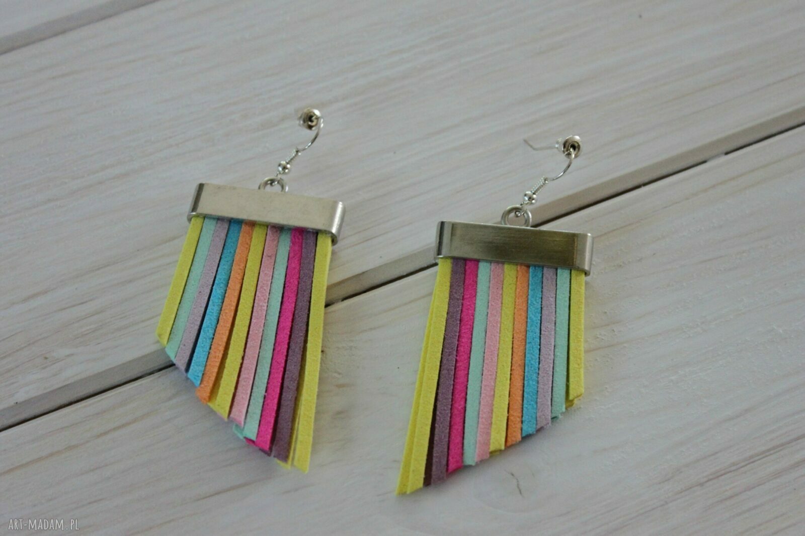 Kolczyki asymetryczne długie handmade - kolorowe paski
