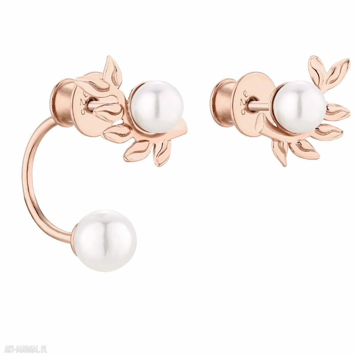 Asymetryczne kolczyki Gałązki z różowego złota i perłami Swarovski