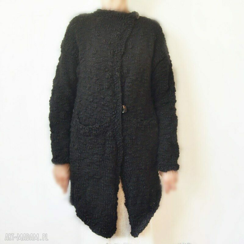 Czarny sweter asymetryczny - elegancki kardigan handmade z boucle, AleksandraB