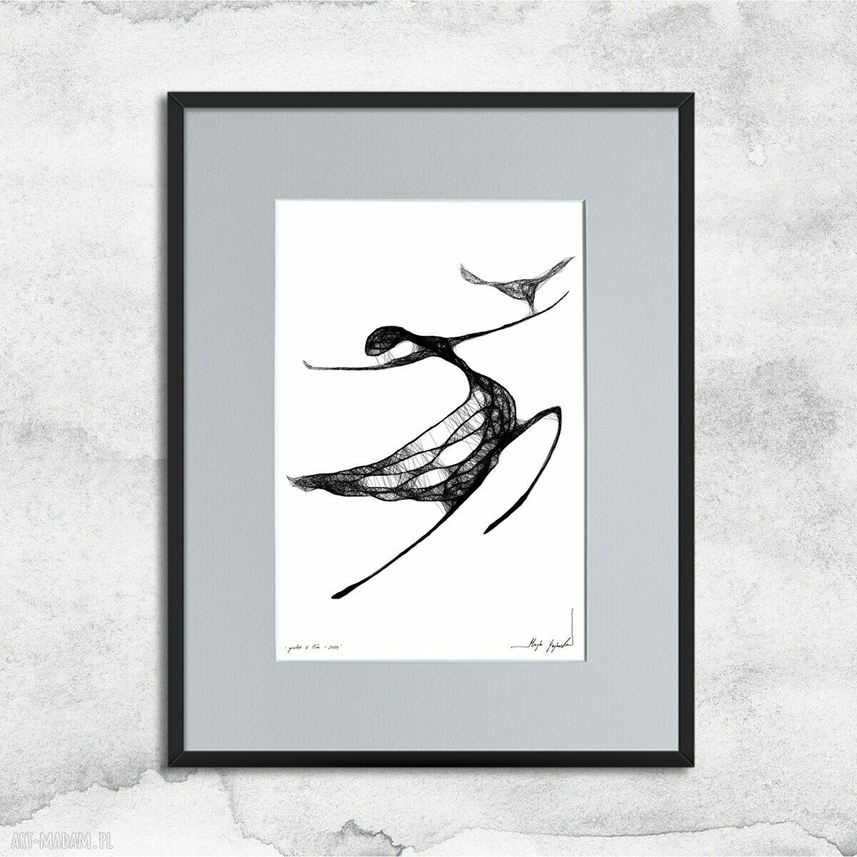 Autorska grafika z ramą nr 137 do salonu - czarno-biała dekoracja na ścianę 41x31 cm