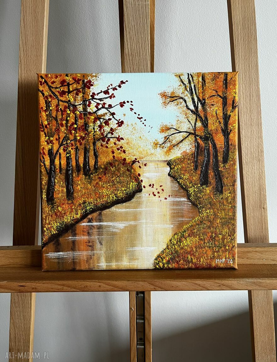 Autumn Leaves - ręcznie malowany obraz jesień z rzeką i lasem, akryl 30x30 cm