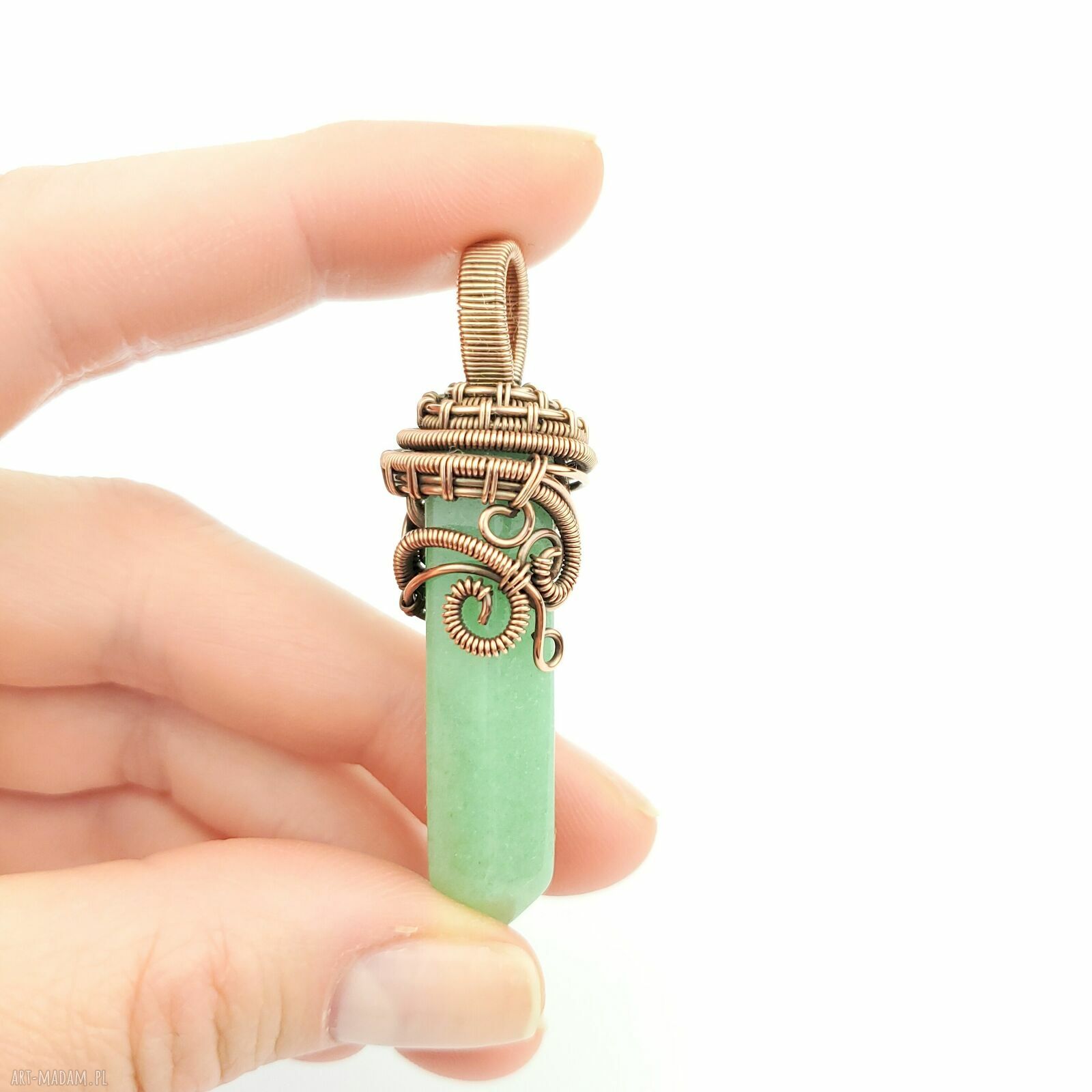 Wisiorek z awenturynem wire wrapping - miedziana oprawa