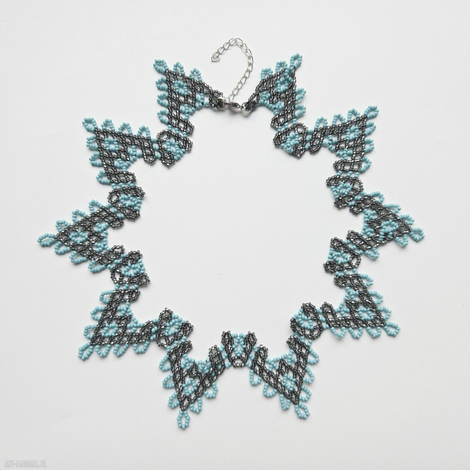 Ażurowa kolia „Gwiazda” z koralików szklanych w odcieniach turkusu - choker handmade