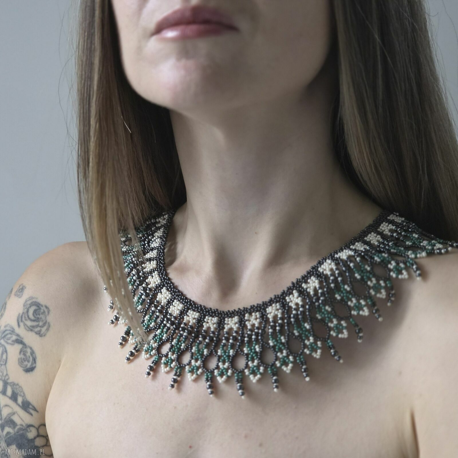 Ażurowa kolia „Kryształowa Jaskinia” - boho naszyjnik choker z koralików szklanych