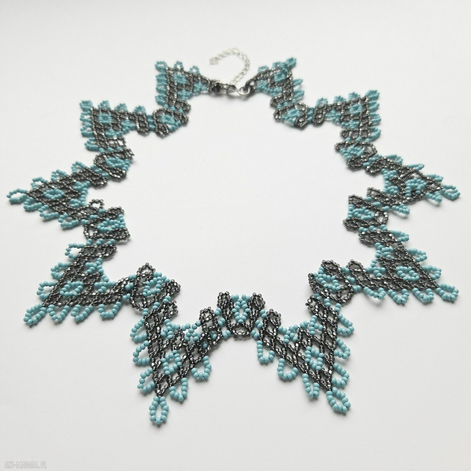 Ażurowa kolia „Gwiazda” z koralików szklanych w odcieniach turkusu - choker handmade