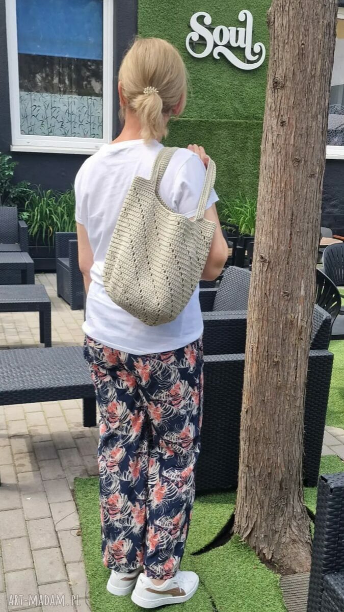 Ażurowa torba shopperka na ramię - ecru handmade