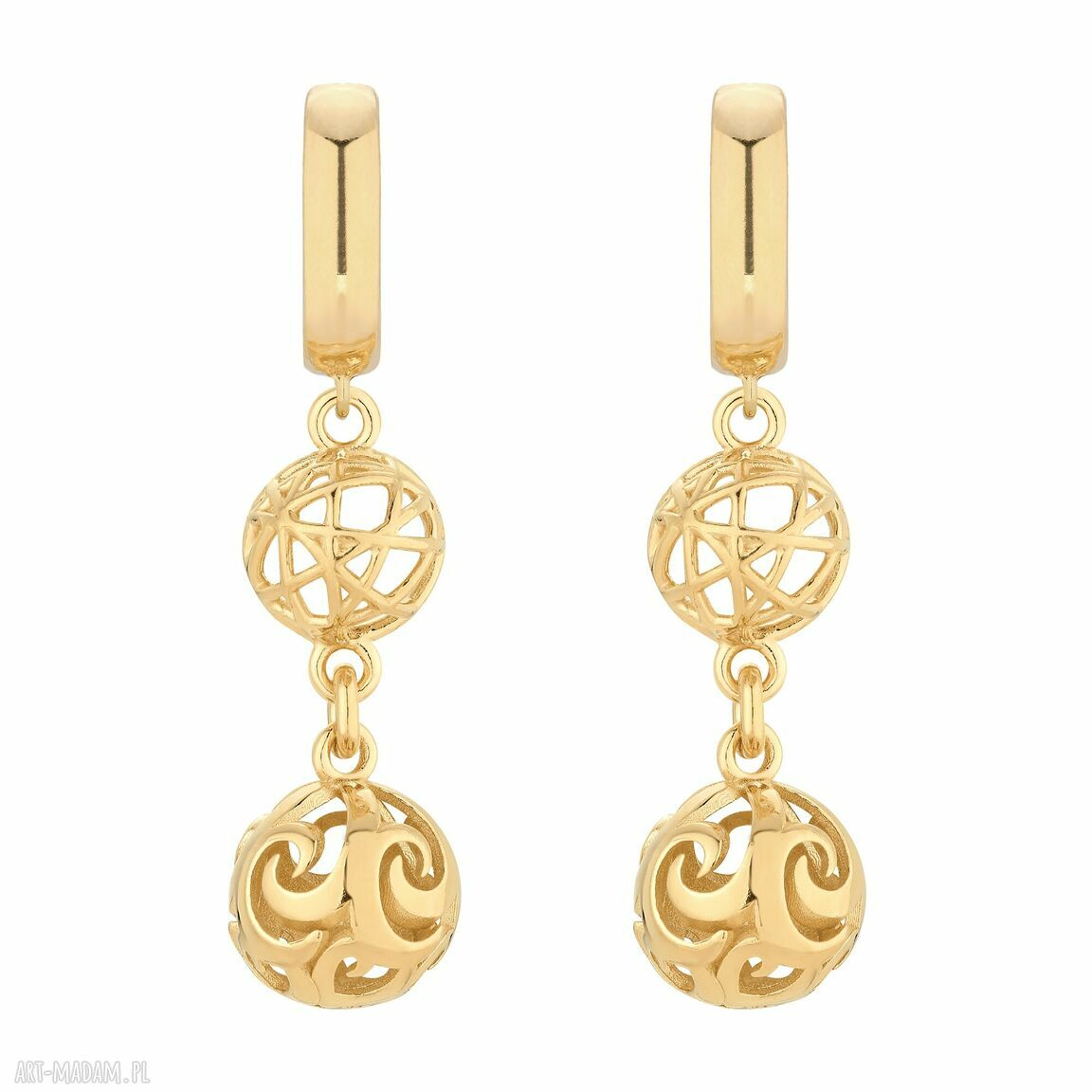 Złote długie kolczyki ozdobnymi zawieszkami kulki kuleczki