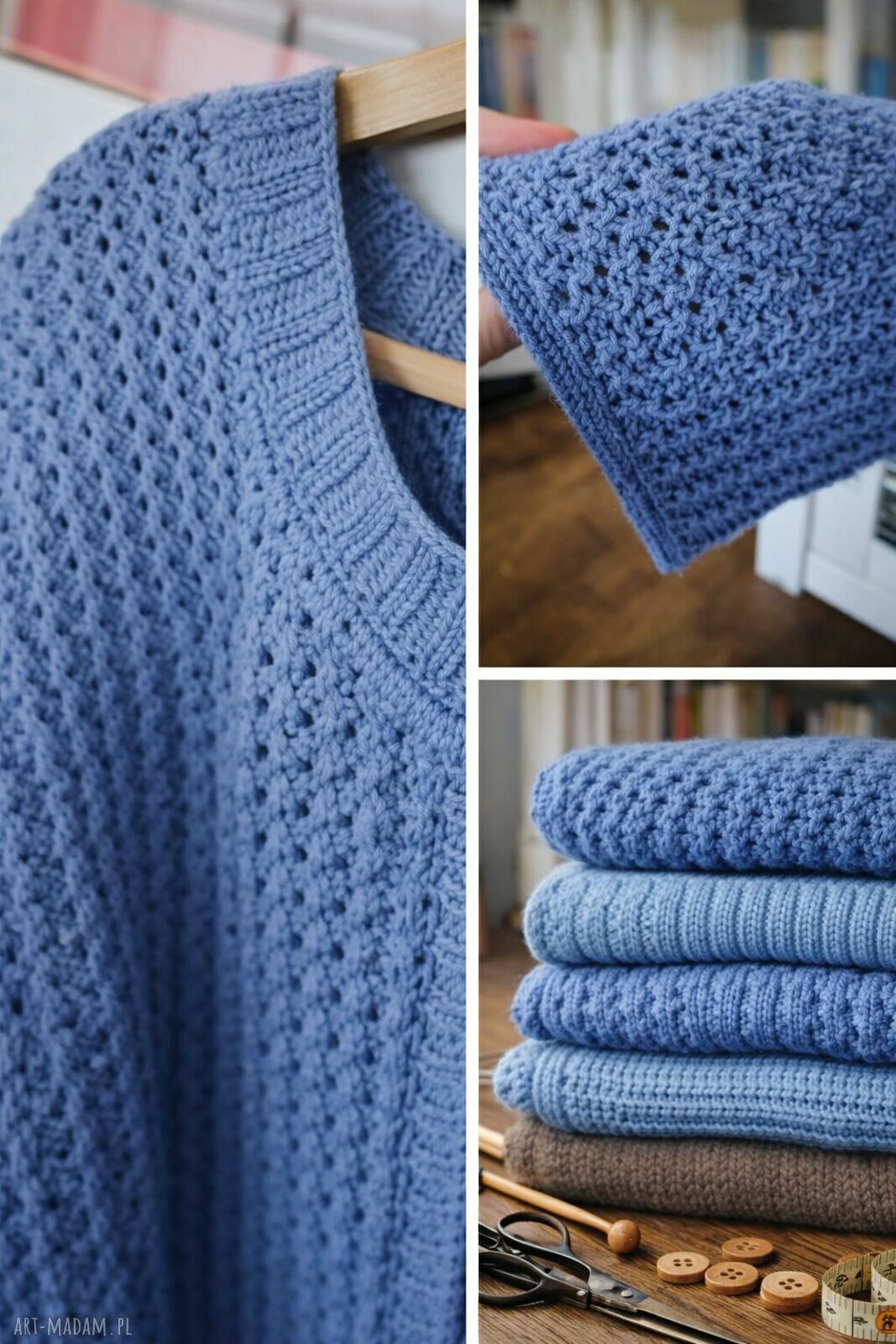 Ażurowy kardigan handmade - lekki niebieski sweter z rozszerzanymi rękawami