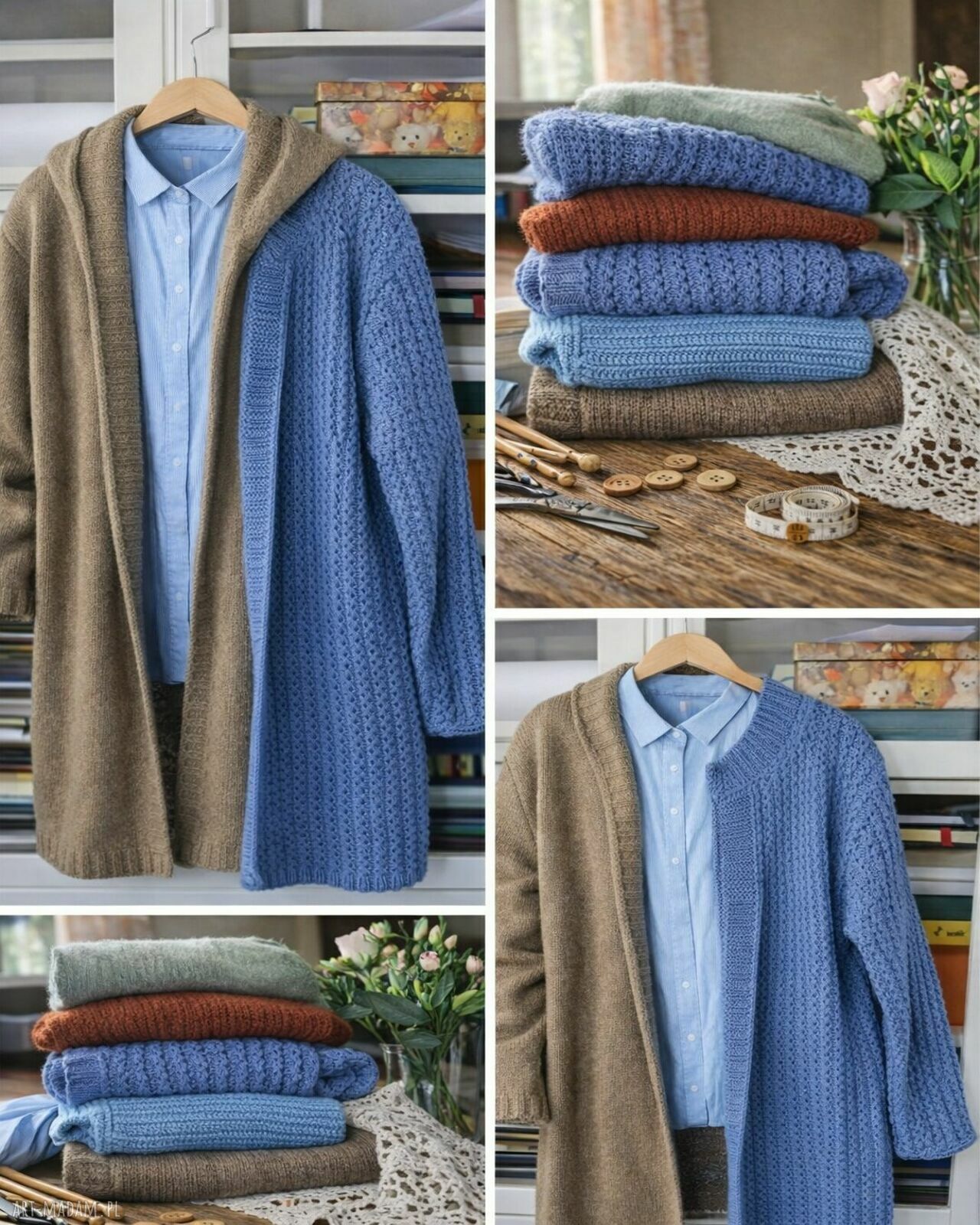 Ażurowy kardigan handmade - lekki niebieski sweter z rozszerzanymi rękawami