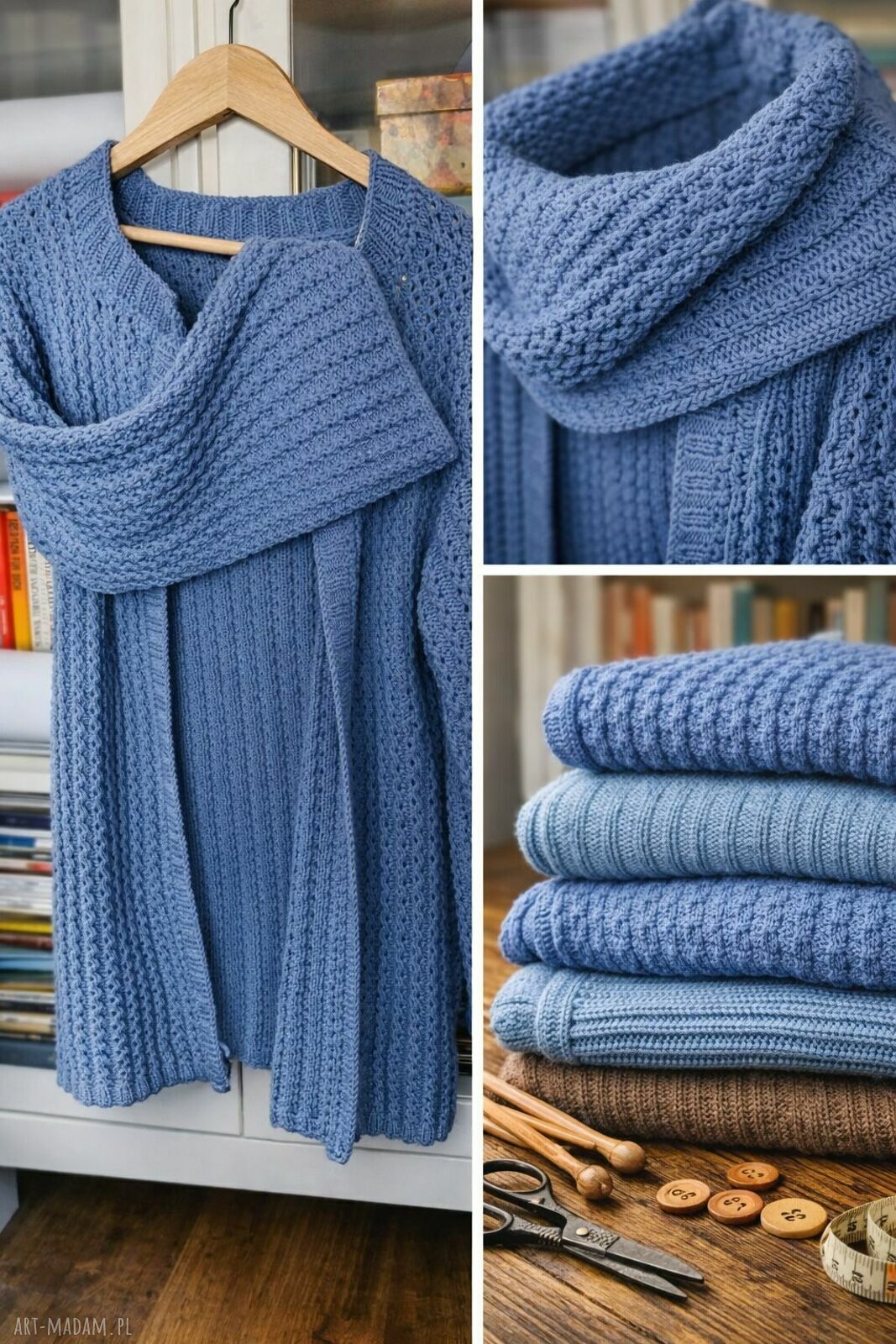 Ażurowy kardigan handmade - lekki niebieski sweter z rozszerzanymi rękawami