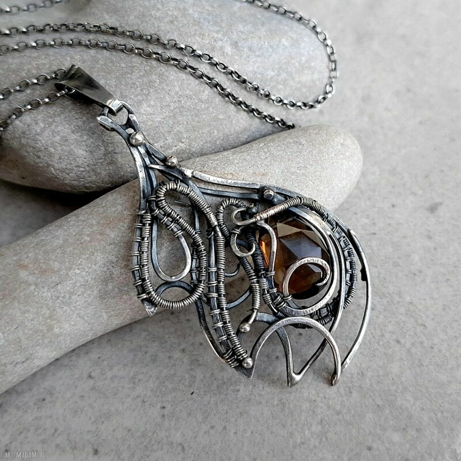 Stio II srebrny naszyjnik z kwarcem dymnym wire wrapping na prezent