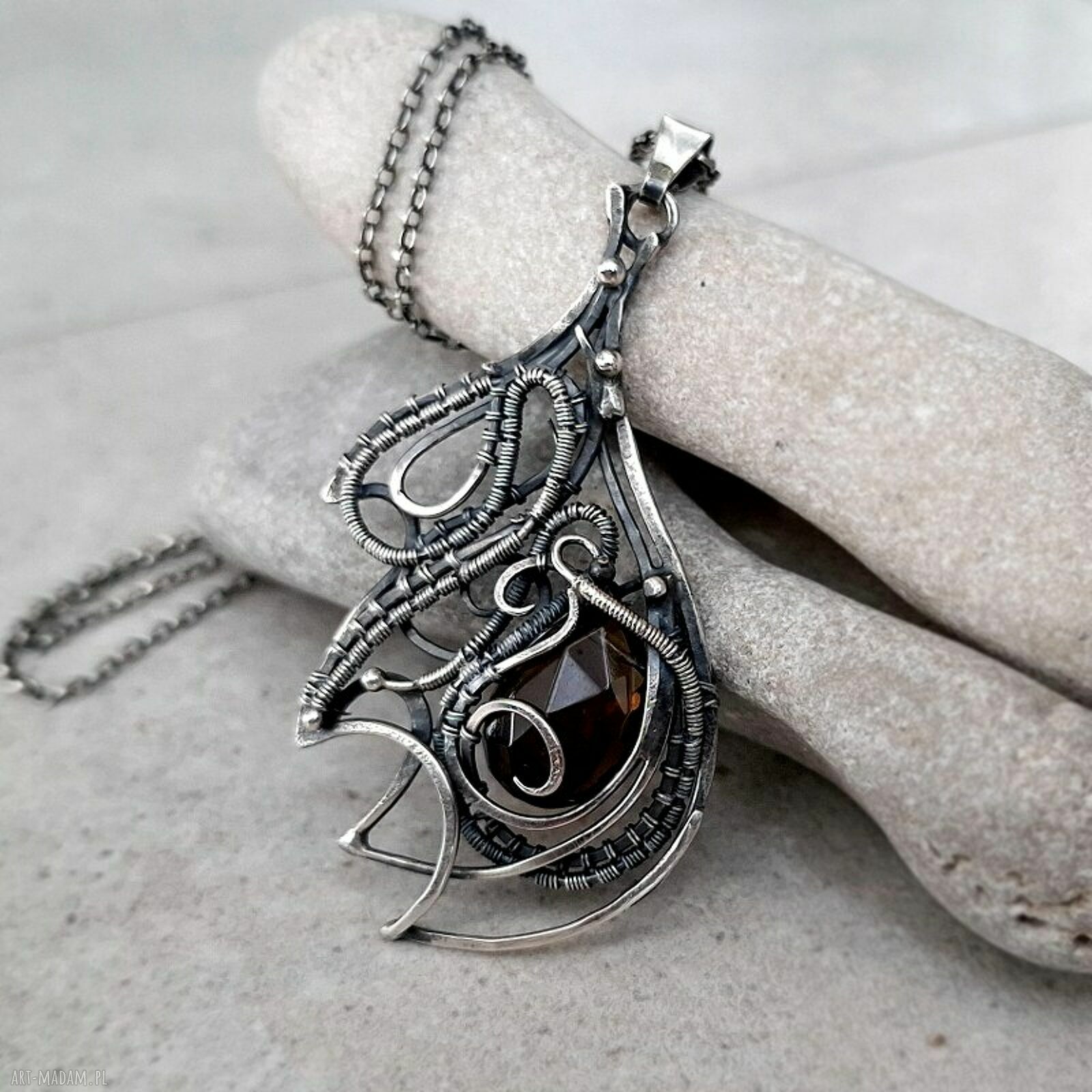 Stio II srebrny naszyjnik z kwarcem dymnym wire wrapping na prezent